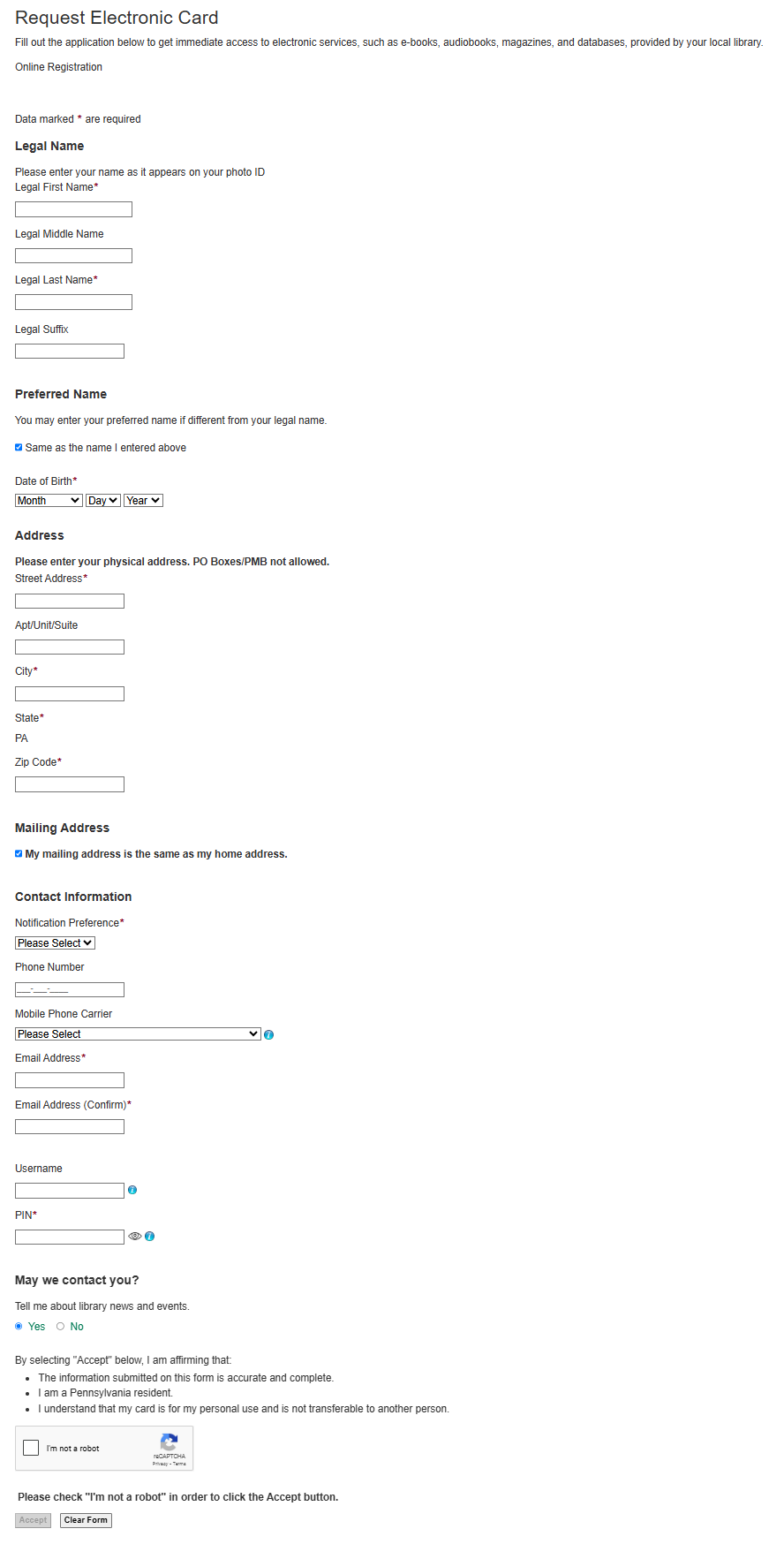 Example of an eCARD form