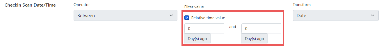 Screenshot of a checkin scan date/time. The relative time value box is selected. Instead of date fields with a calendar pickers there are fields for number of days ago.