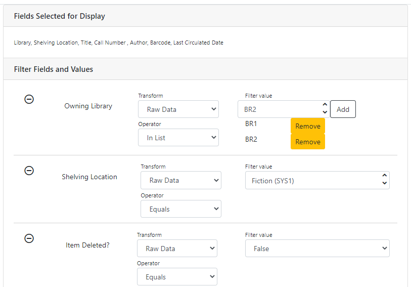 Screenshot of the Display Fields tab described above. The Filter Fields and Values area shows three selected fields. The Transform and Operator fields are to the right of the field name. Further to the right are the Filter Value fields. Filer Value is formatted in a different way on each field depending on the combination of selected field, Transform, and Operator.