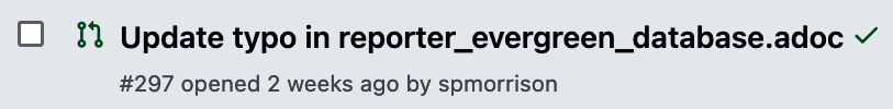 A github pull request shows a green checkmark icon immediately after the title of the pull request