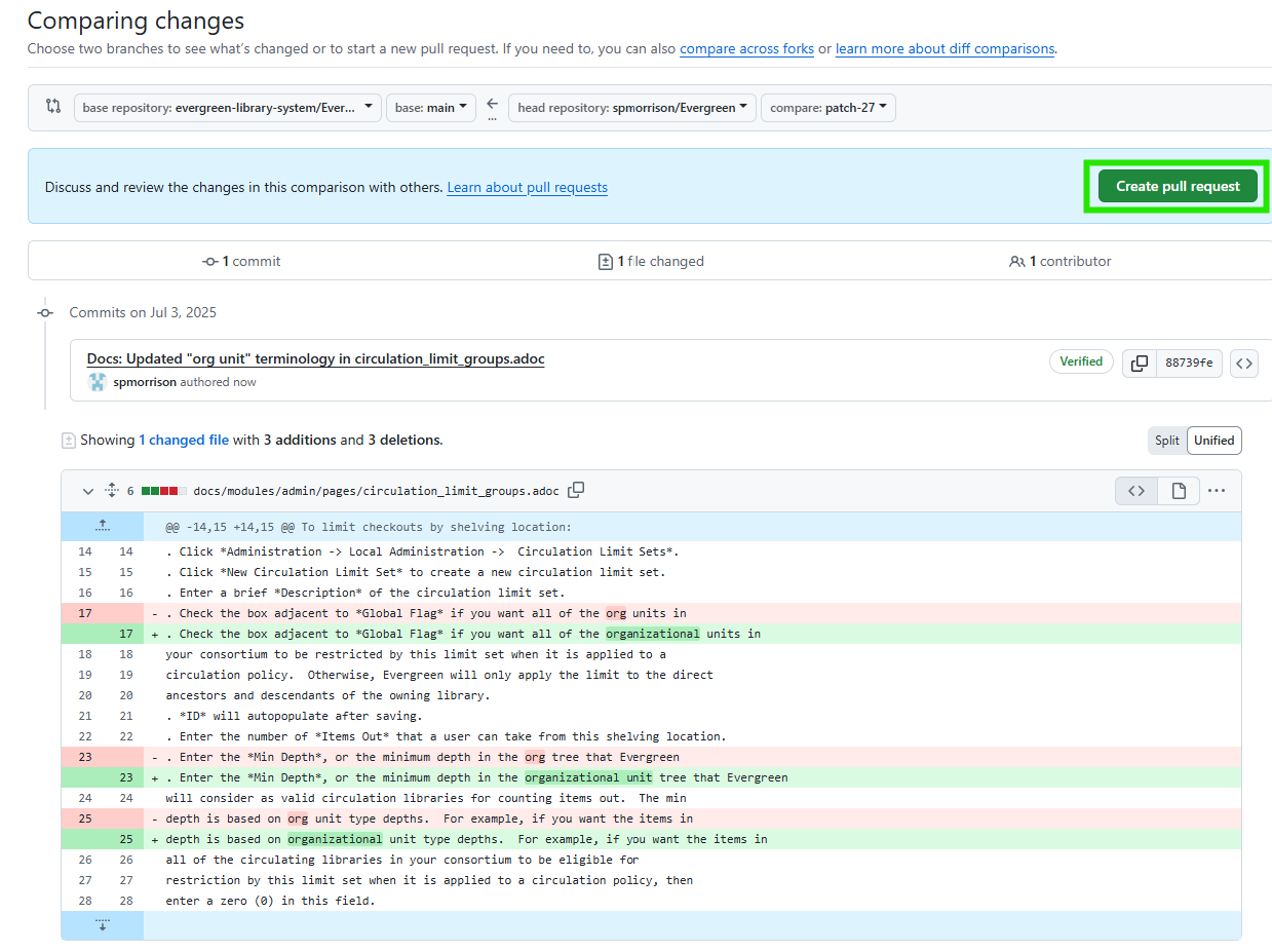 View of comparing changes screen with edits highlighted