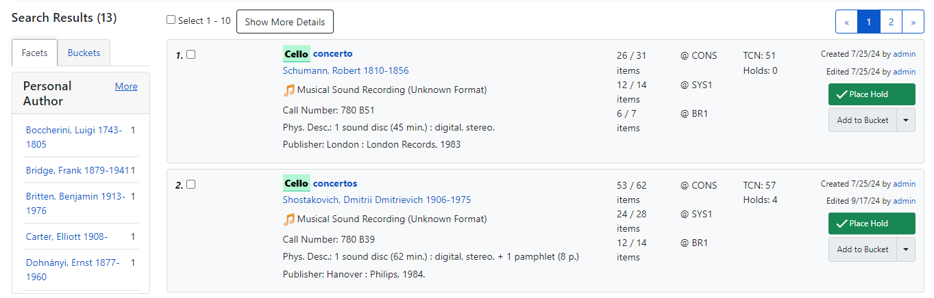 Screenshot of search results