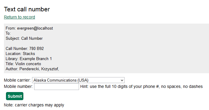 Screenshot: Text message preview with submit form