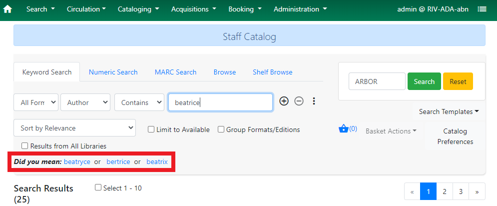 Search suggestions in the Staff Catalog