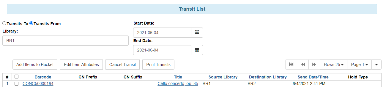 Transit List of item in transit from