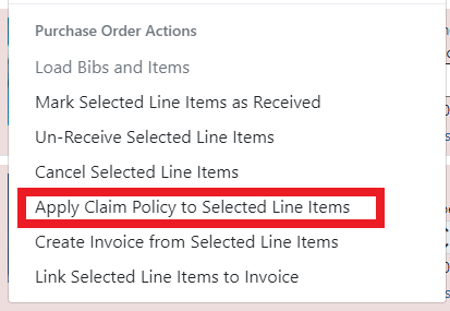 Action: Apply Claim Policy to Selected Line Items