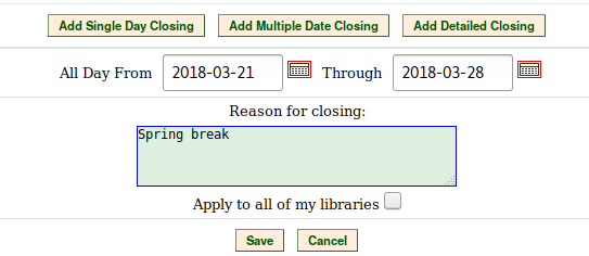 Closed Dates Editor interface with options to add single or multiple day closures, and an optional reason for closure.