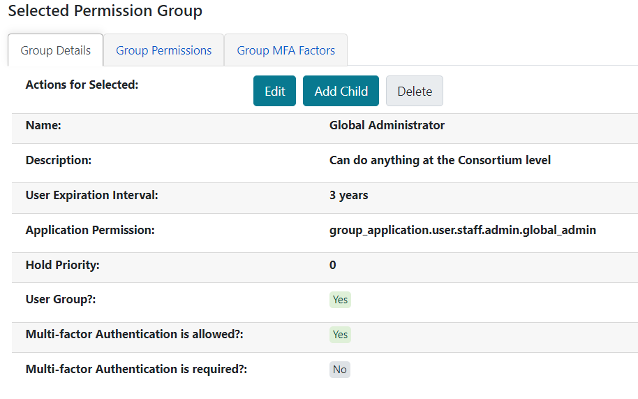 MFA options in the Permission Groups interface