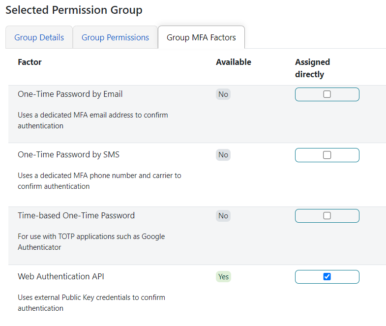 Enabling or disabling specific MFA factors in a Permission Group