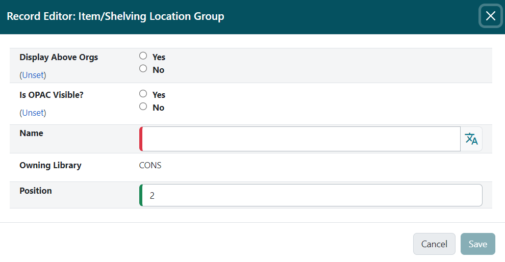 New Shelving Location Group