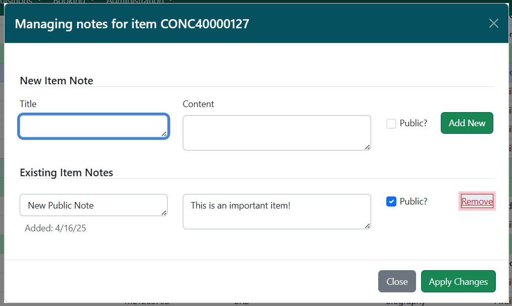 Remove an item note