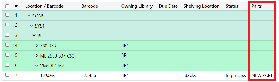 Staff Catalog showing items with part details