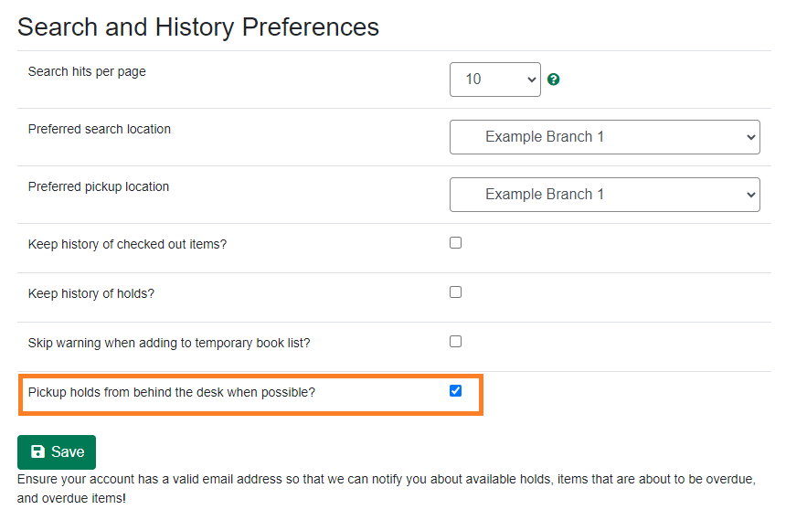 Behind Desk Patron Preference Checkbox