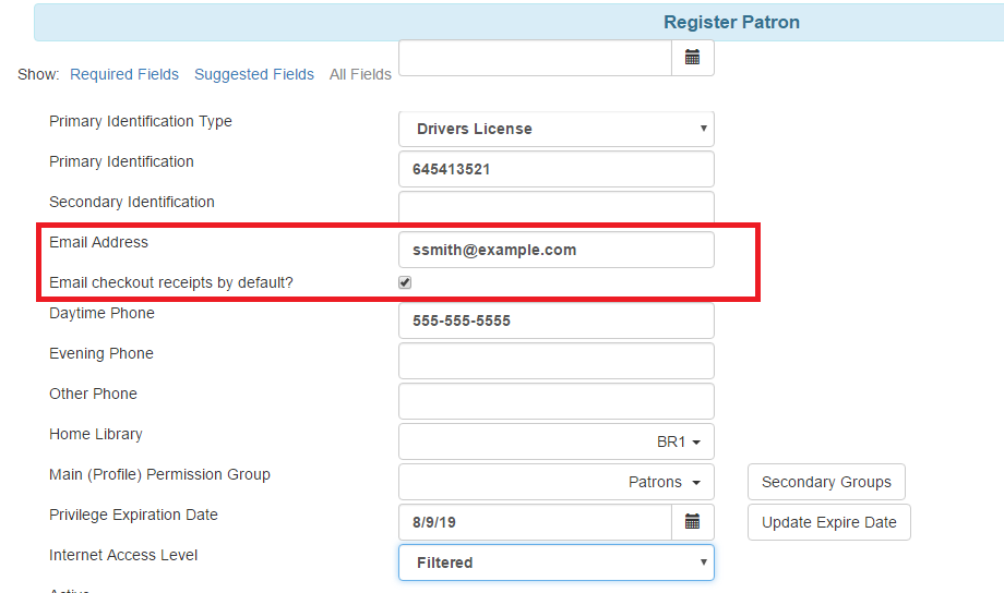 Email checkout receipts opt-in option in the patron registration form.