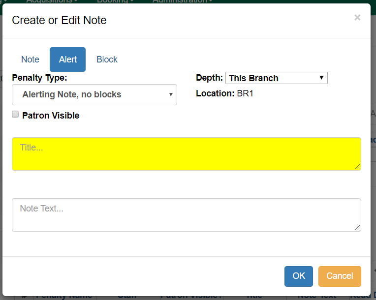 A screenshot of the Alert Modal. The fields are as described above. Only the Title field is highlighted yellow to indicate a required field.