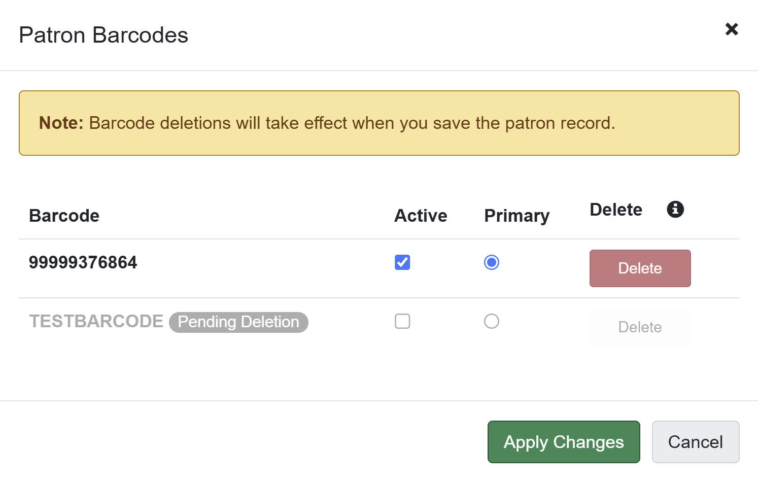 Patron Barcodes dialog showing a barcode marked for deletion with a "Pending Deletion" badge and grayed out in the list.
