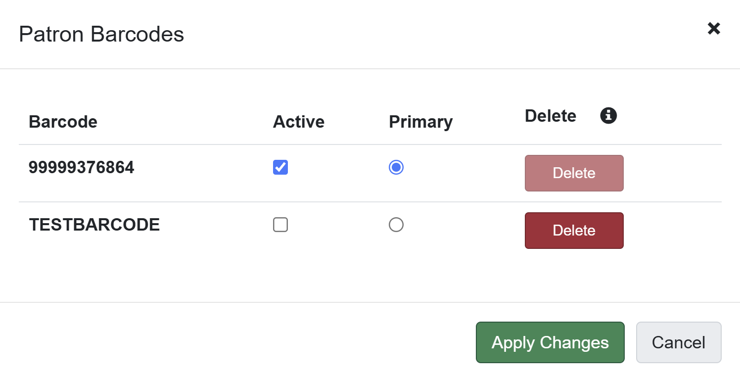 Patron Barcodes dialog showing a table with barcode entries. The Delete column is visible with buttons for each barcode.