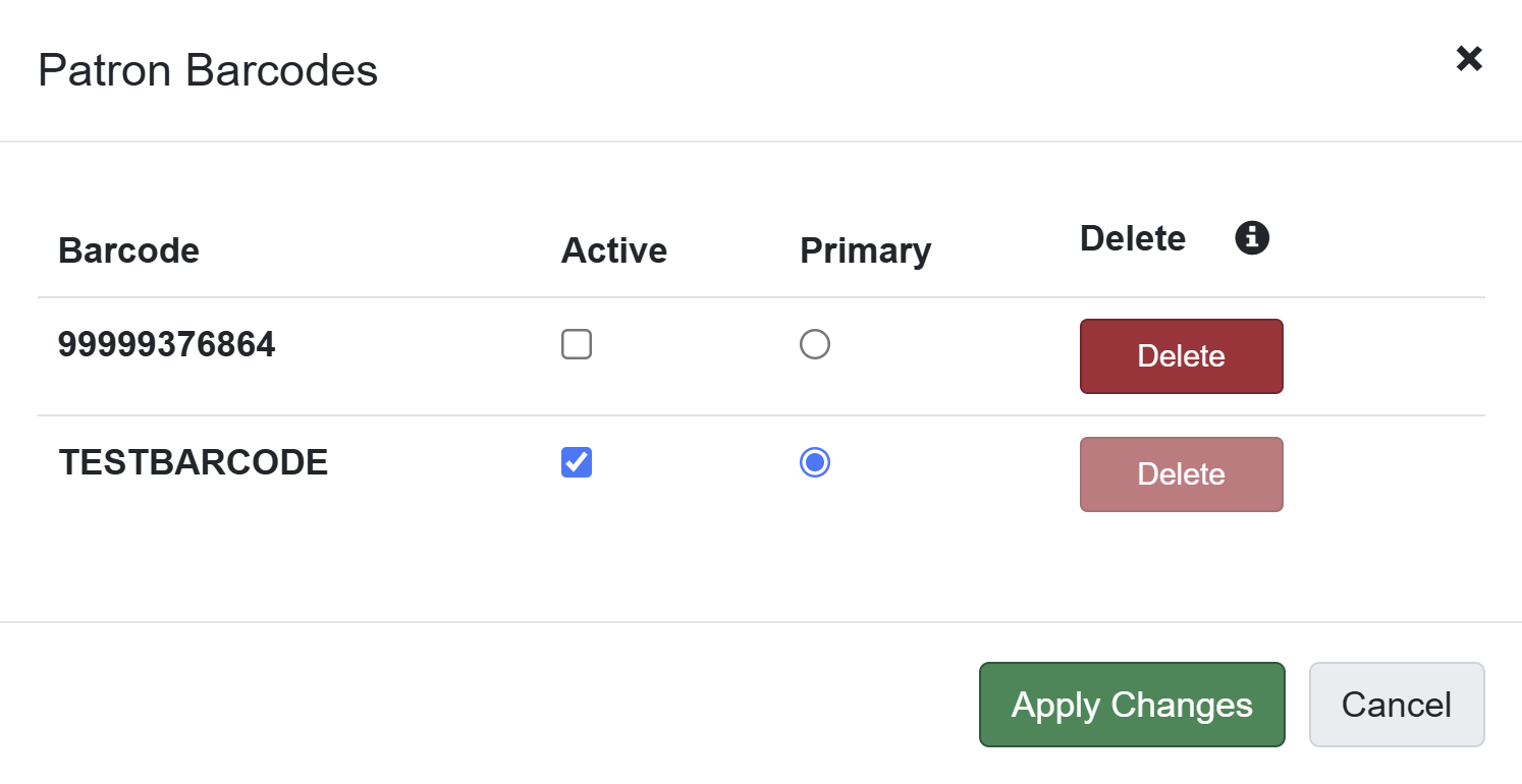 A screenshot of the Patron Barcodes modal. Two barcodes are shown. Under the Active heading