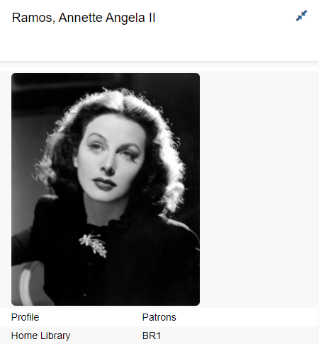 Screenshot of a photo in the patron account summary sidebar. At the top is the Patron name. Below is the photo (a photo of actress Hedy Lamar has been used) and below the photo we see the words Profile and Patrons.