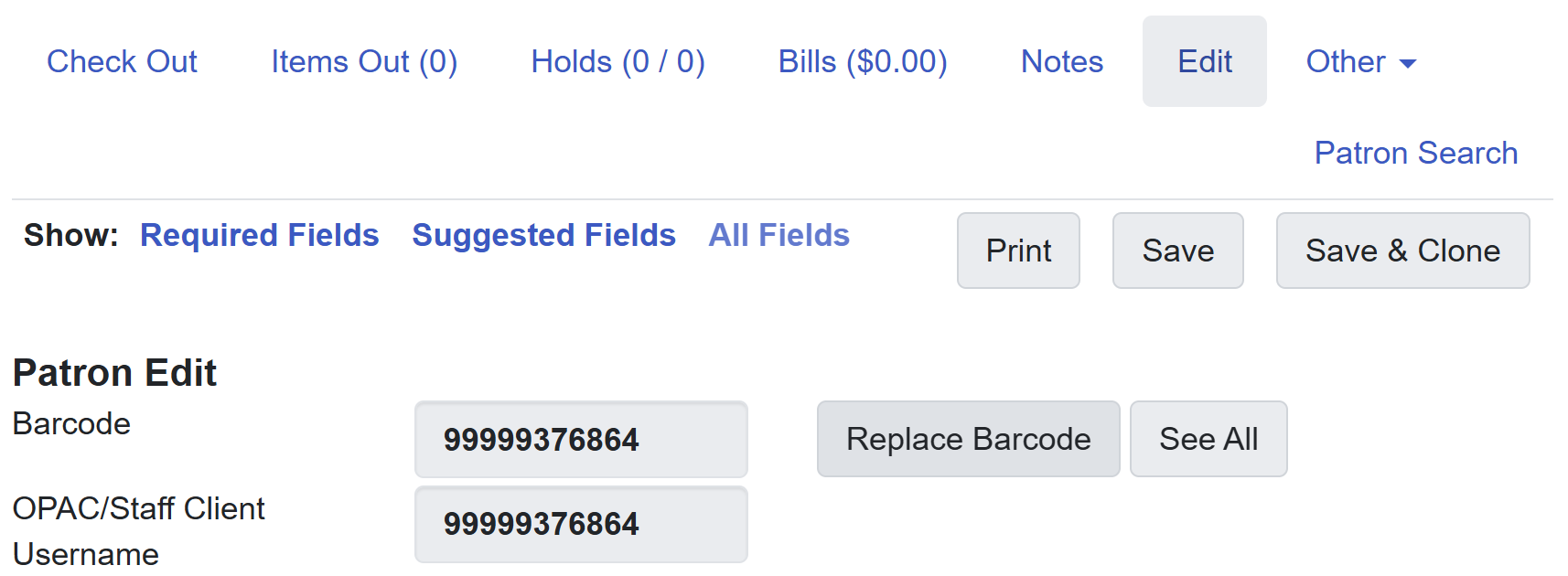 A screenshot of the top of the patron record screen. The Replace Barcode button next to the barcode field is highlighted.