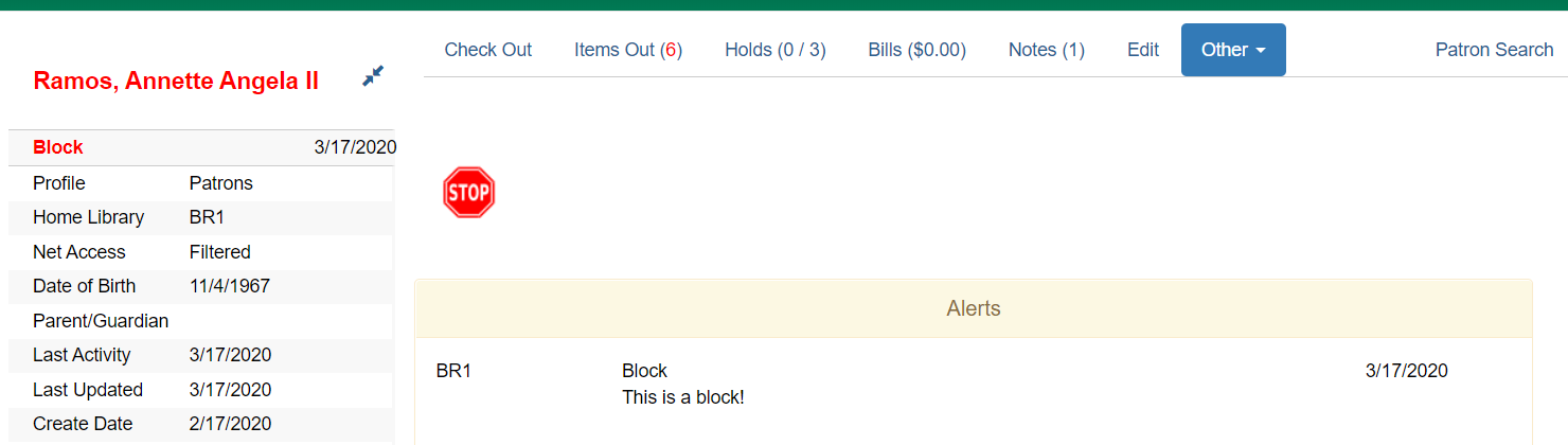 A screenshot of the block described above. The alert note text is shown in a banner across the screen with the word Alerts shown in a light yellow box with dark yellow text. The contents of the note are black text on a white background.