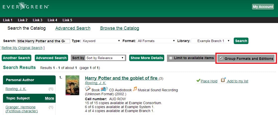 Search Results page with the Group Formats and Editions checkbox selected.
