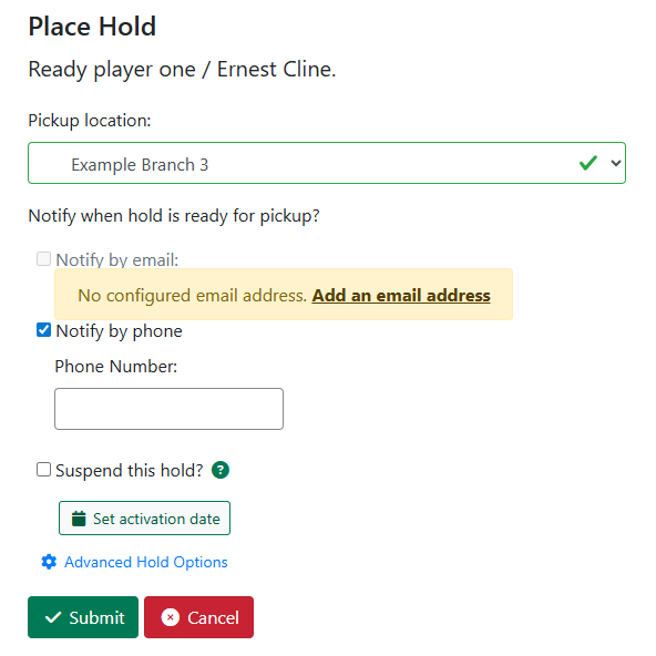 Place Hold form in public catalog