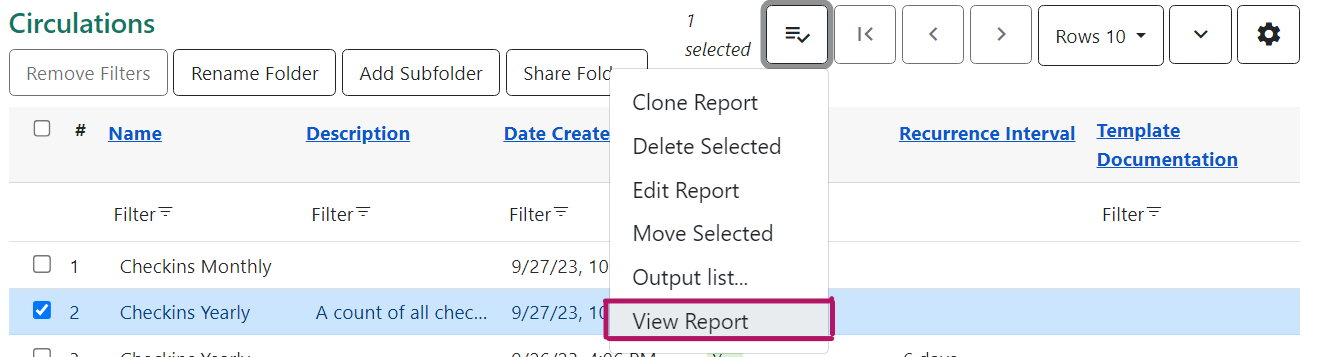 Screenshot of the reports grid view. A report has been selected and the actions menu is open to show View Report selected.