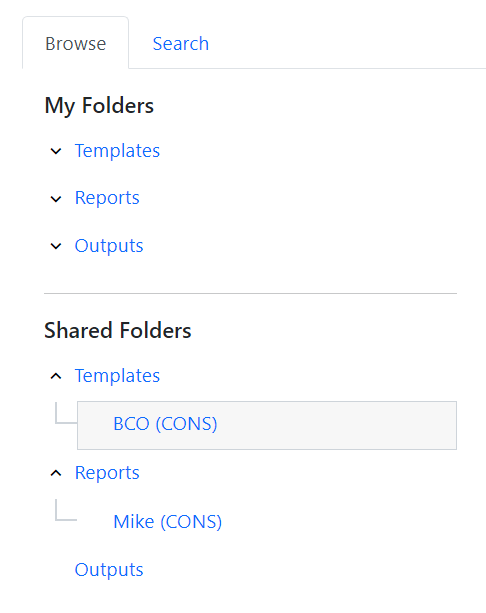 Screenshot of folder sections, My Folders and Shared Folders. The Templates and Reports folder are expanded under Shared Folders and a sub-folder under Templates is selected.