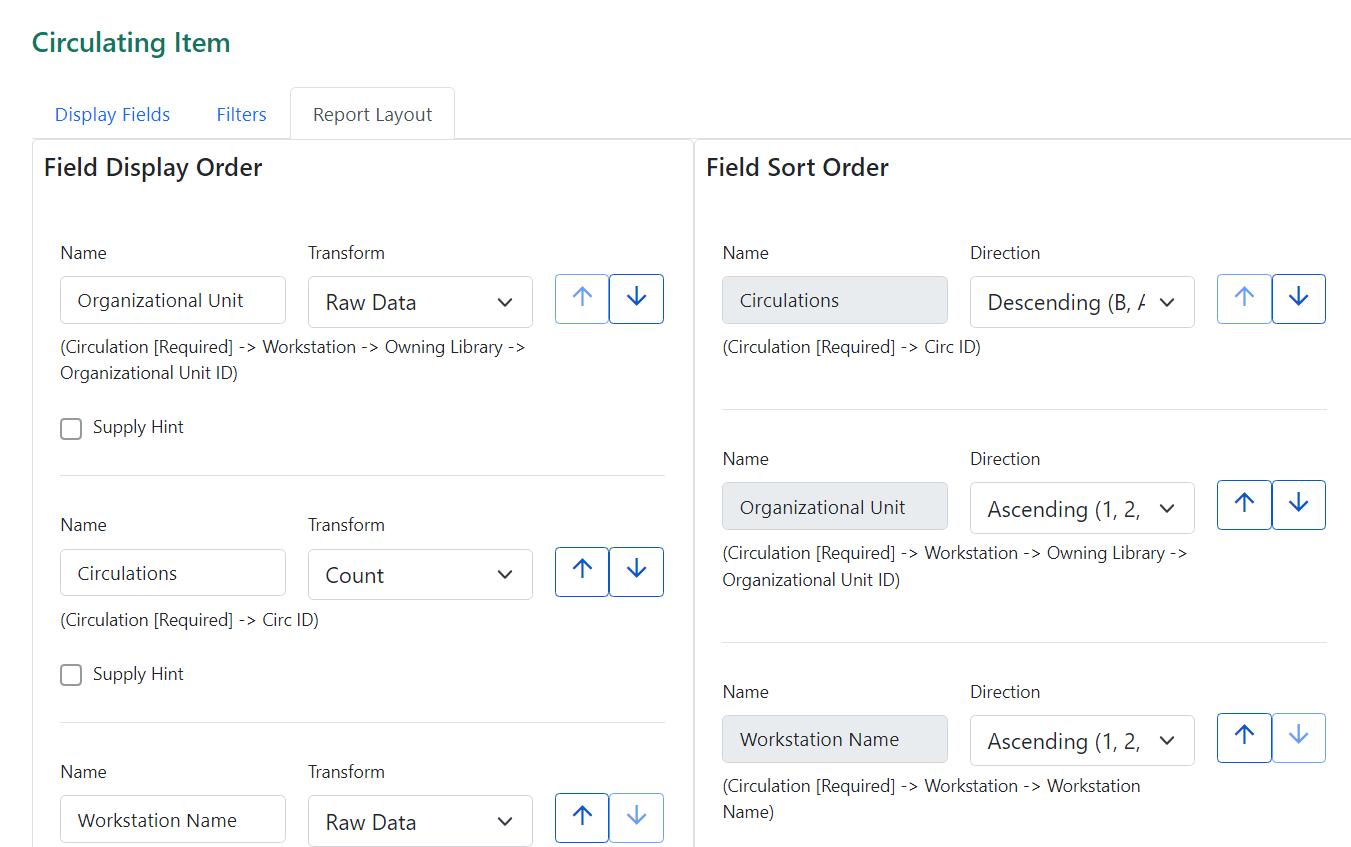 Screenshot of two columns under the report layout tab. They show different information related to the same list of selected display fields. The left column, Field Display Order, looks the same as the view on the display fields tab. The right side has the field display names greyed out to indicate the names cannot be edited here. To the right of the name field is a direction field that indicates Descending or Ascending behavior. Further to the right is a pair of arrows like on the Display Fields tab. The order of the field in the left column is Organizational Unit, Circulations, Workstation Name. The order on the right column is Circulations, Organizational Unit, and Workstation Name.