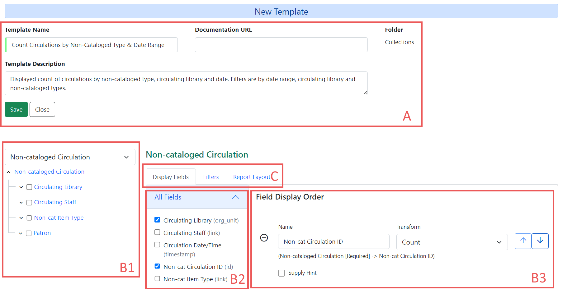 Annotated screenshot of the New Template Editor screen. Across the top in section A: Template Name, Documentation URL, Folder, Templated Description. Under that, in the left pane, is section B1 which has the Source drop-down. Non-cataloged circulation is the source and below that is a tree showing the connected tables such as Circulating Library. In the main pane we have section C with the three tabs, currently displaying Display Fields. Below is B2, centrally placed on the screen, it is a list of all fields from the Non-cataloged Circulation source. To the right of B2 is B3 which shows a selected field, with relevant transform and an option to provide a hint. The label at the top of this section is Field Display Order.