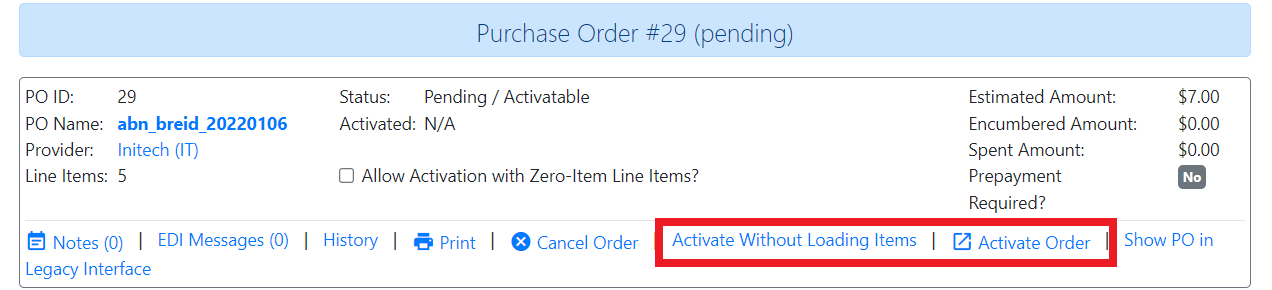 Activate Purchase Order