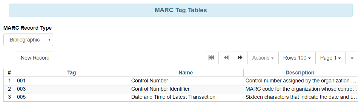 Grid view of MARC Tag Tables
