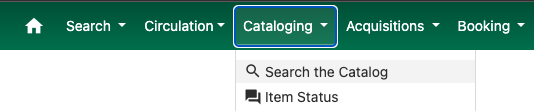 Cataloging menu with Search the Catalog highlighted.