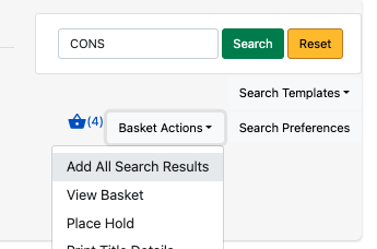 Screenshot the search form with Add All Search Results in the Basket Actions menu highlighted