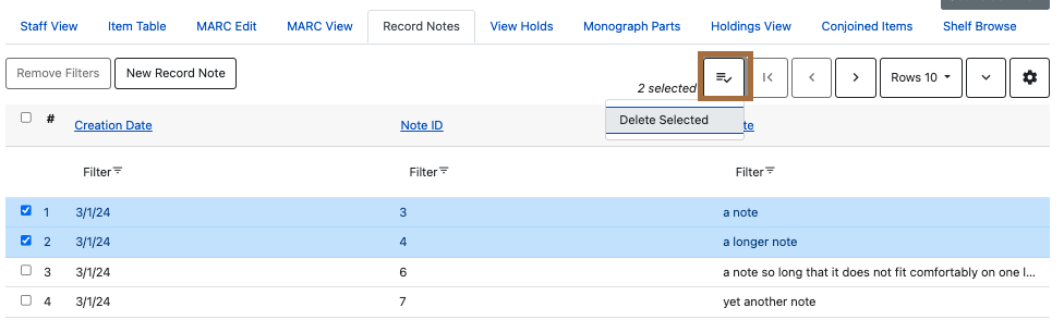 Screenshot of the Record Notes view with the Actions button highlighted. The Actions button is located above the table