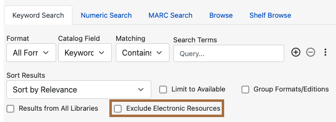 Staff Catalog Keyword Search tab with the Exclude Electronic Resources checbox highlighted.
