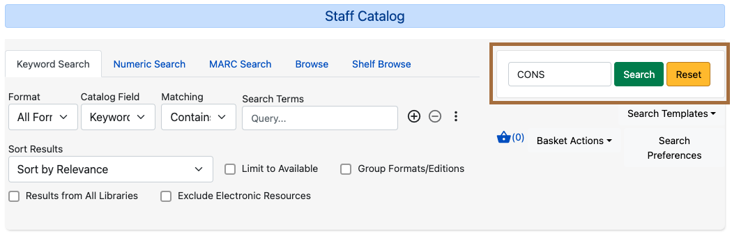 The Staff Catalog page with the Library Selector highlighted.