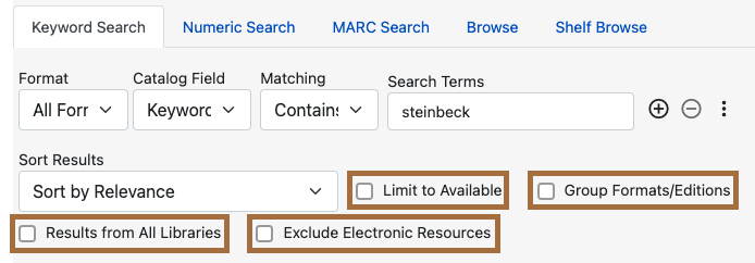 Keyword Search pane with the search boxes highlighted