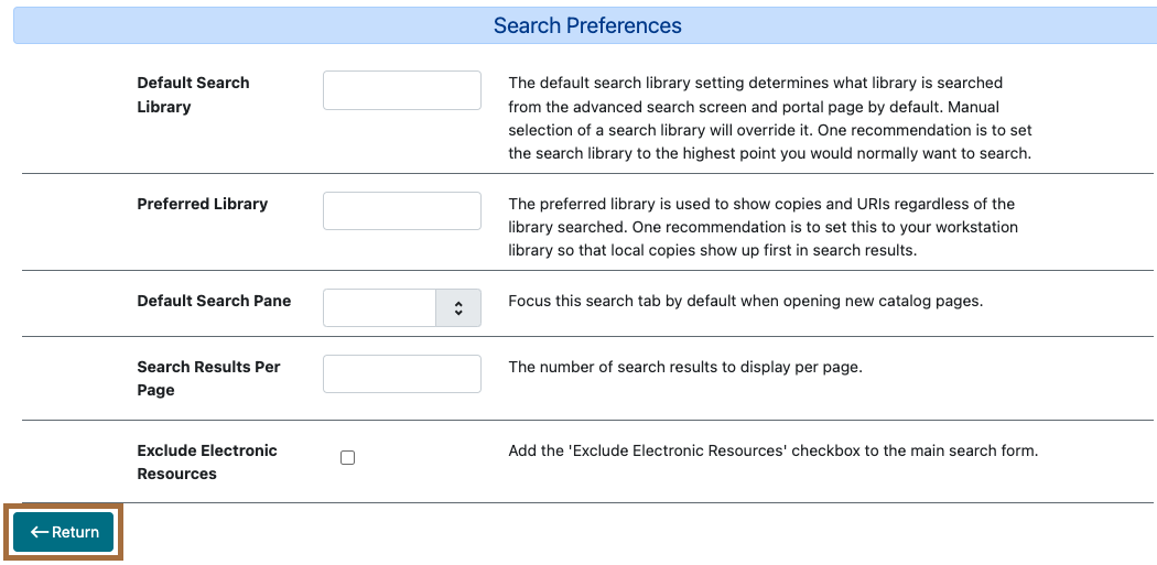 Search Preferences menu with the options listed below and the Return button highlighted.