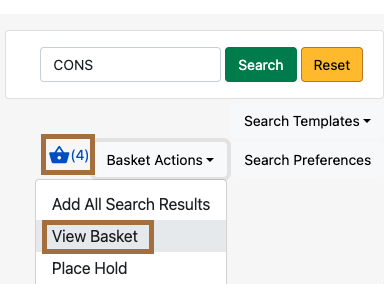 Screenshot of the search form with the basket icon and the View Basket menu option highlighted