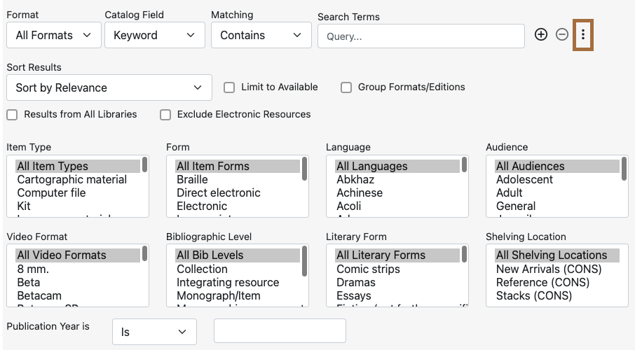 Keyword Search pane with the filters button highlighted