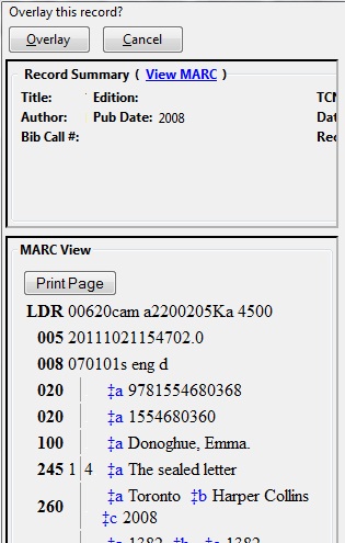 Overlay Existing Record via Z39 50 Import5