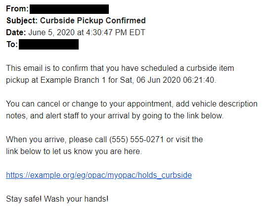 Curbside confirmation email