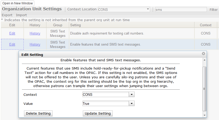 Library Setting to enable SMS