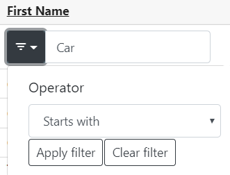 Example of Starts With filter