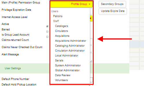 Permission Group dropdown in patron account