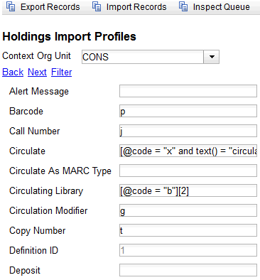 Partial Screenshot of a Holdings Import Profile