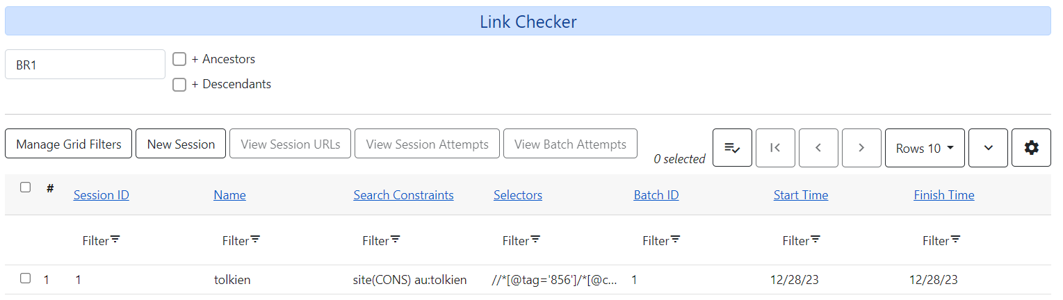 Link Checker Sessions grid
