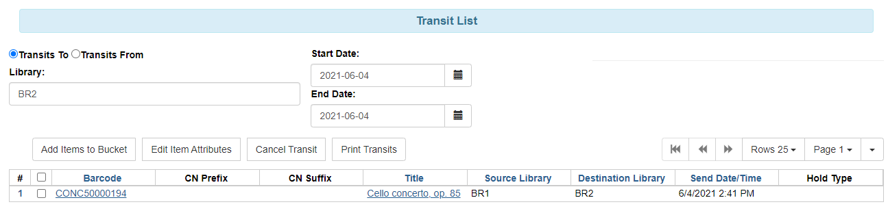 Transit List of item in transit to